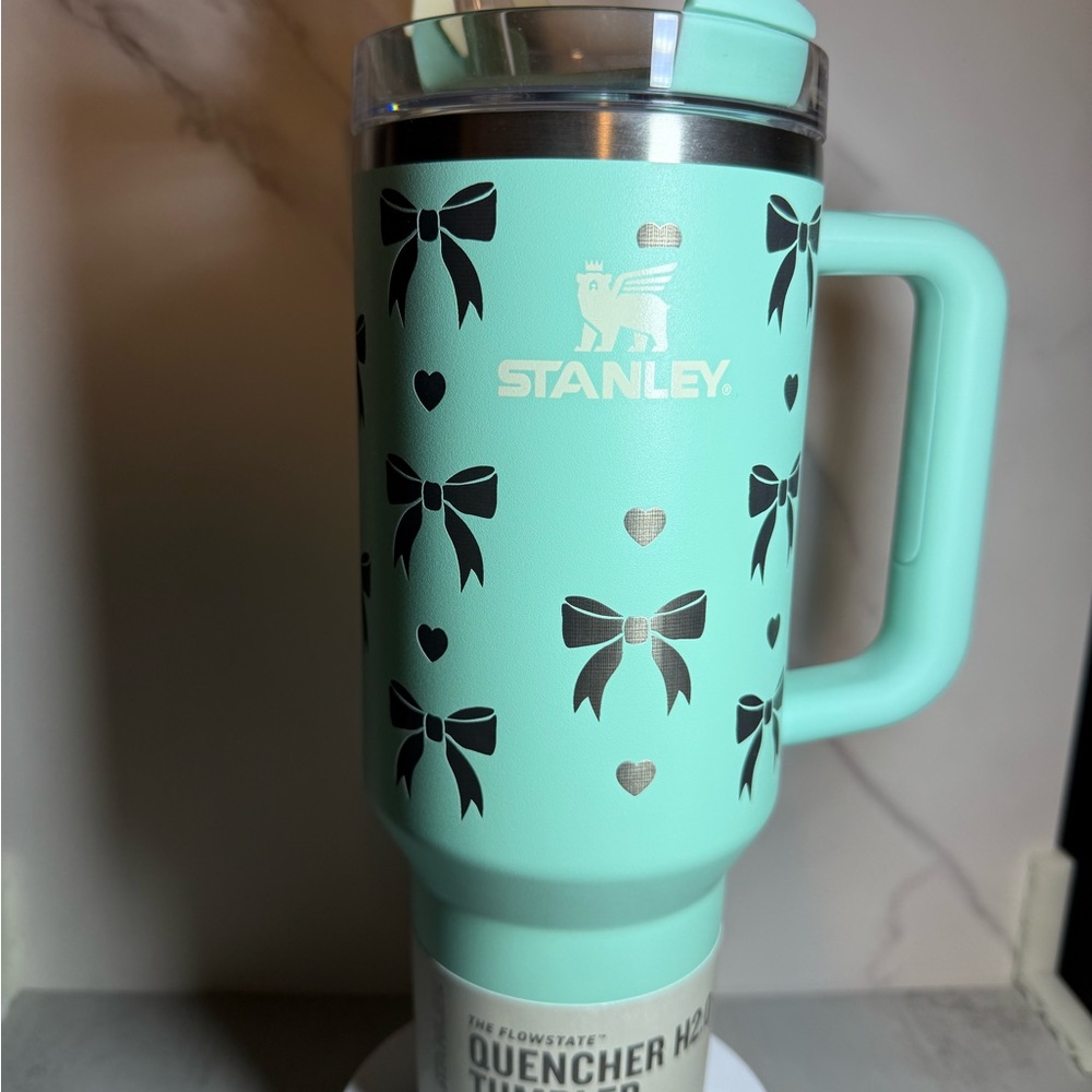 Engraved Stanley Aqua Tumbler with Black Bow Pattern